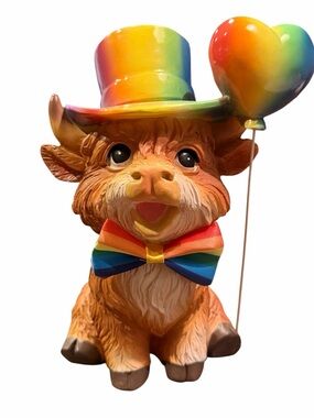 Highland Cow Figurine w colorful hat, balloon and bow tie made out of material